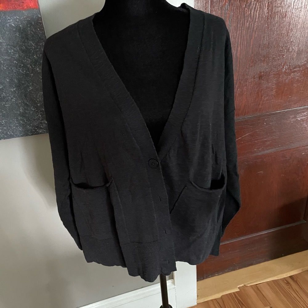 Eileen Fisher linen-cotton button front cardigan with pockets-sz L